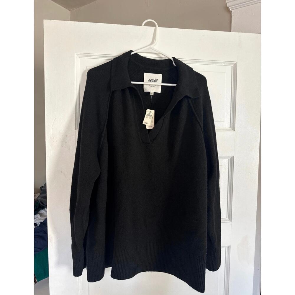 NWT Aerie unREAL Oversized Polo Sweater Black White Striped Collared Pullover - Picture 2 of 6